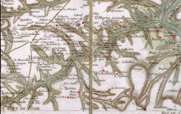 carte de cassini - rgion Echalas Trves Givors, le bas Dhuire et Dhuire