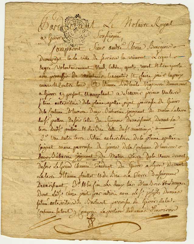 acte de vente par Andr Cheze  Etienne Bodhuile de terrains situs sur Givors en 1784 - p1