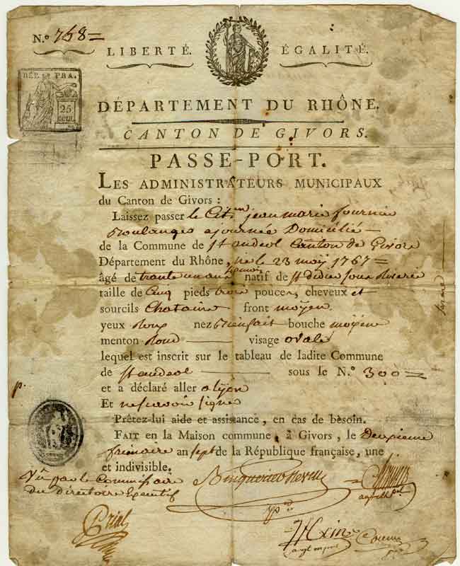passeport jean antoine fournier 1798