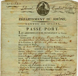 passeport pour Pierre Boudhuile du 19 juillet 1799 pour aller  Lyon et  la Louve