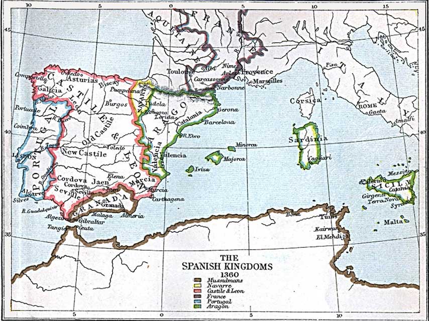 carnets de voyage espagne - carte du royaume d'espagne en l'an 1360