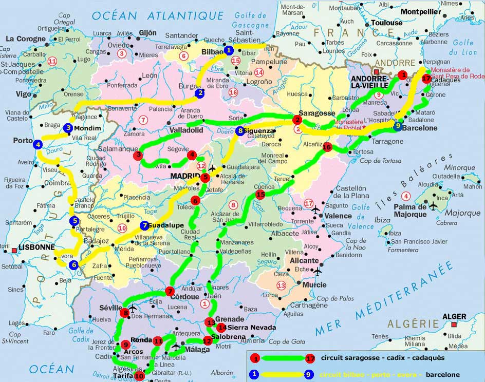 carte du circuit trois semaines - saragosse - cadix - cadaqus