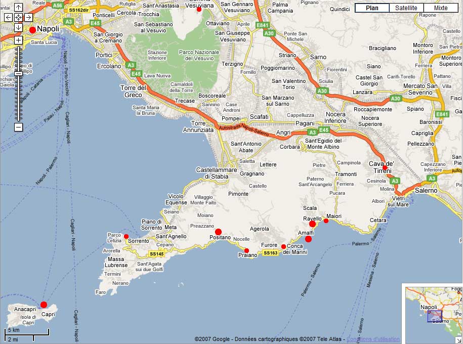 carnets de voyage italie - carte du circuit naples et la cte amalfitaine