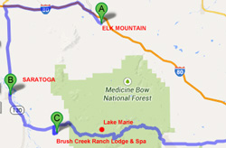carte du circuit colorado - wyoming - tape entre Elk Mountain et Cheyenne