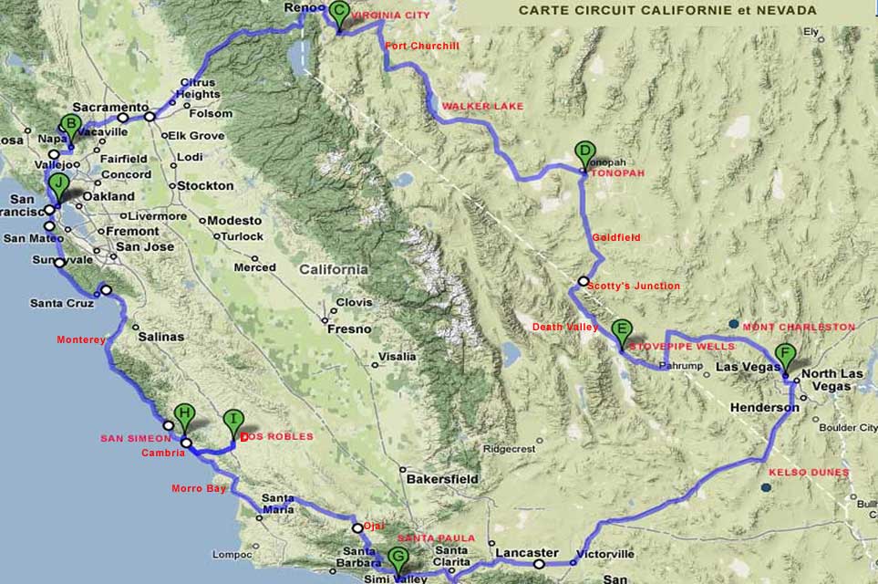 carnets et photos de voyage usa - Californie et Nevada - circuit de 13 jours - carte
