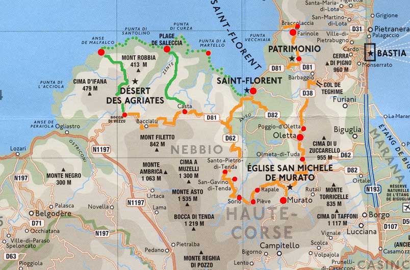 carnets de voyage corse - carte du circuit saint florent et le dsert des agriates