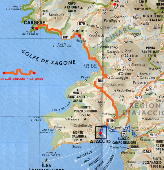 carnets de voyage corse - carte du circuit entre ajaccio et cargse