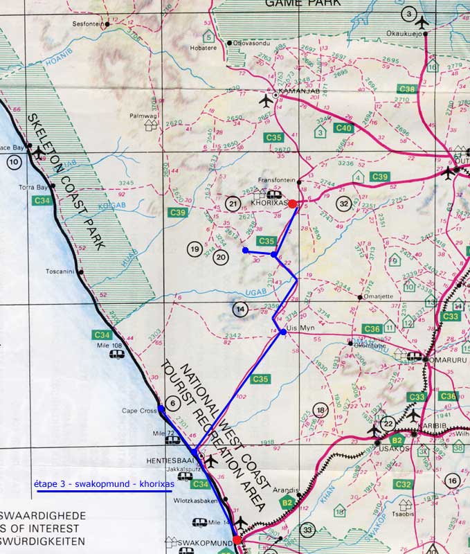 carte routiere etape swakopmund khorixas