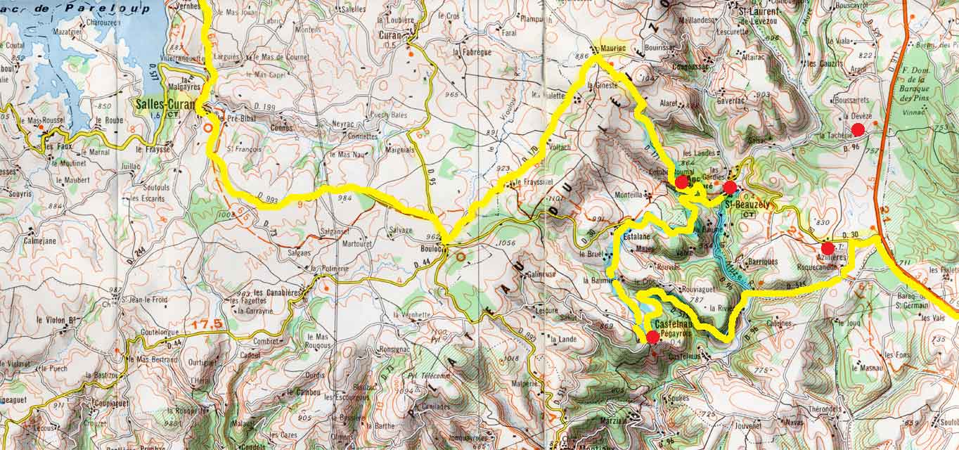 carte circuit entre Millau et Saint-Beauzely