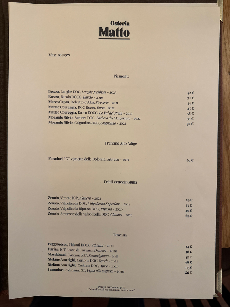 Carnets et photos de voyage France - route gourmandes Lyon : Osteria Matto - carte des vins