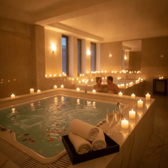 Décoration spa romantique avec pétales de rose, bougies et pierres chaudes pour couple en espace privatif
