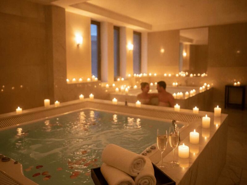 Décoration spa romantique avec pétales de rose, bougies et pierres chaudes pour couple en espace privatif