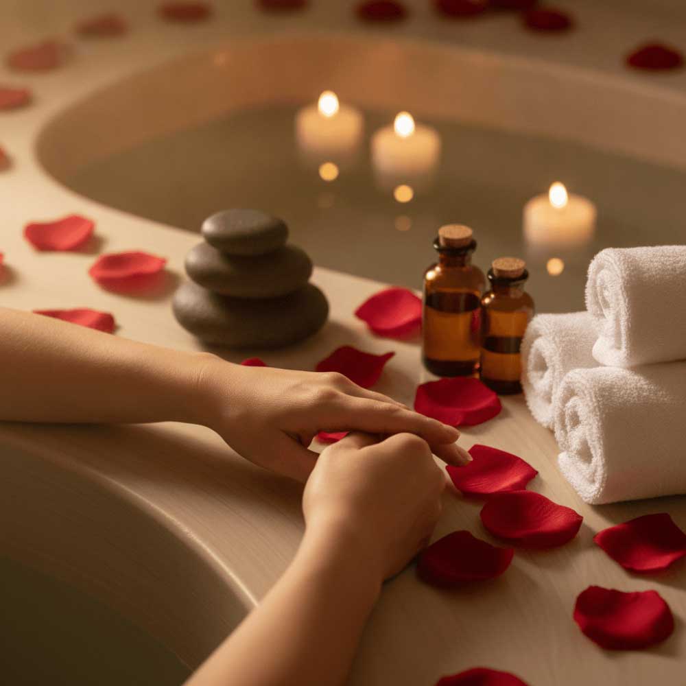 Décoration spa romantique avec pétales de rose, bougies et pierres chaudes pour couple en espace privatif quelle est la difference entre un love hotel et un spa privatif en belgique